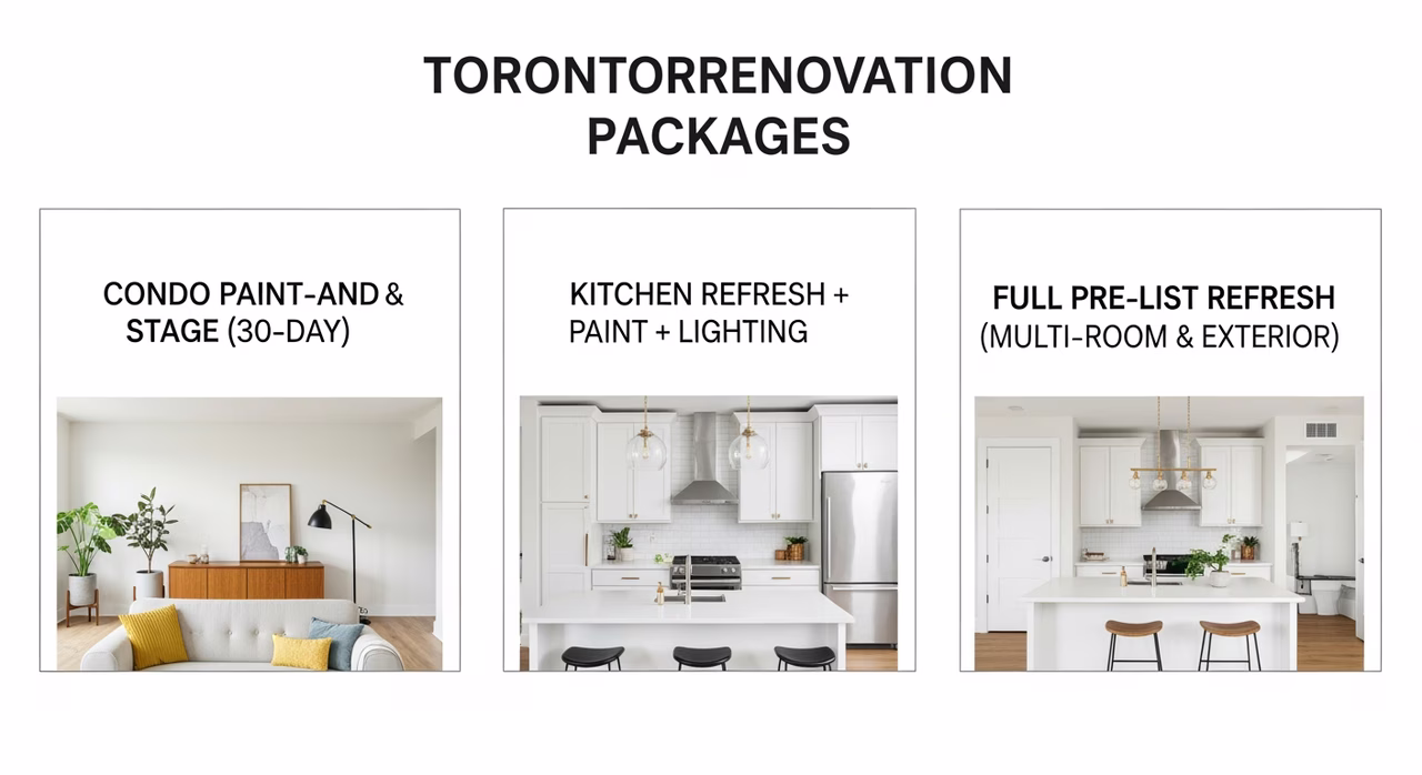 Three Toronto pre-sale renovation tiers compared: condo paint and stage, kitchen-refresh plus lighting, full pre-list multi-room