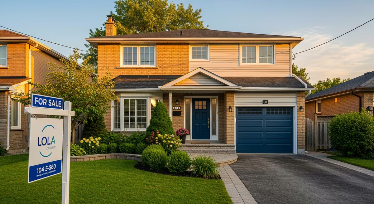 Toronto Scarborough detached home exterior with fresh For Sale sign, painted navy front door and refreshed garage