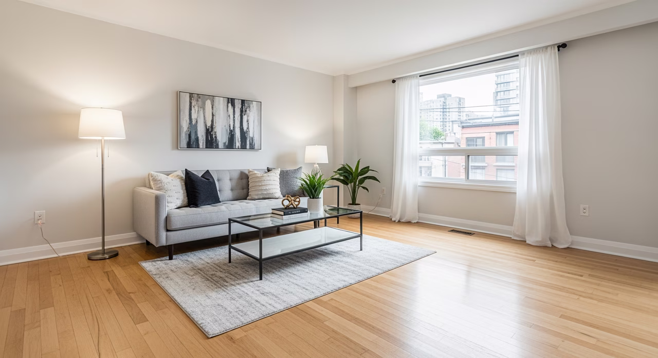 Staged Toronto post-renovation listing-ready living room with designer-neutral paint, refinished hardwood and rental furniture