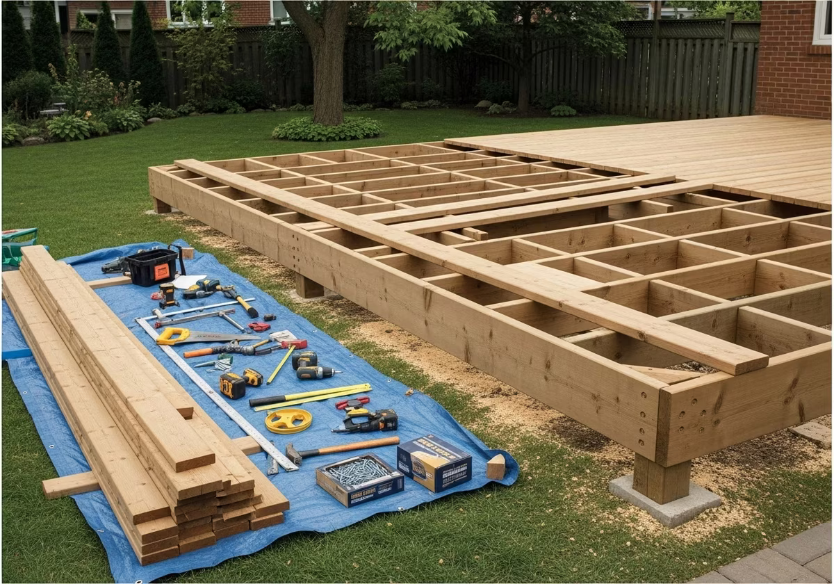 Tools and materials staged for pressure-treated deck project