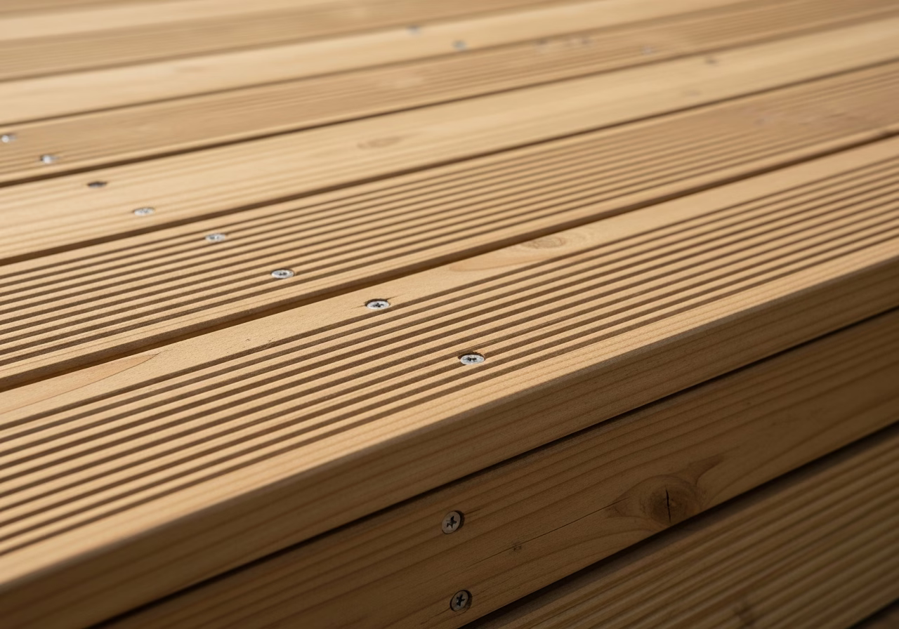 Close-up detail of professionally completed pressure-treated deck work