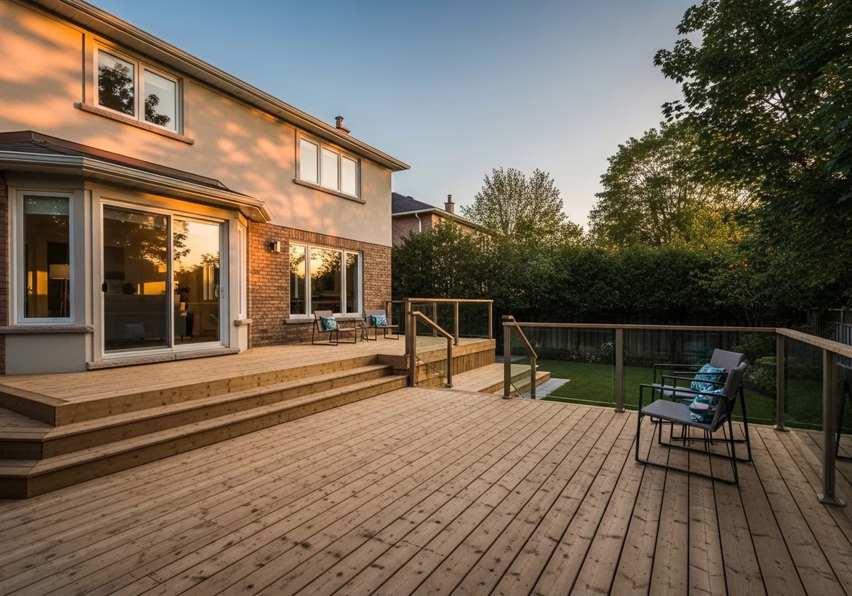 Completed pressure-treated deck in Toronto suburban backyard home - finished result