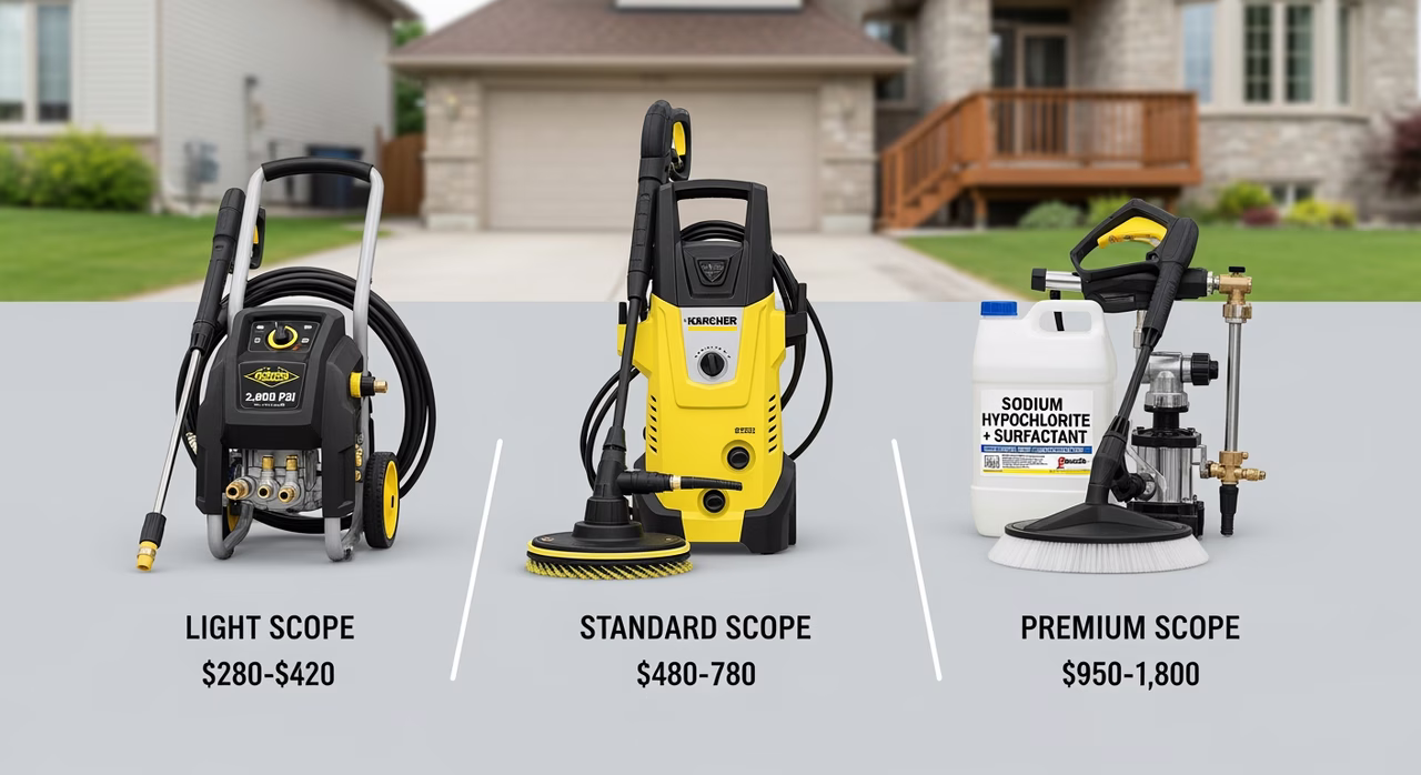 Three Toronto pressure-washing tiers compared: floor scope single-surface driveway-only cold-water at $280-$420, standard full-property house wash plus driveway plus walkways with sodium hypochlorite biodegradable pre-treatment at $480-$780, premium full-perimeter with hot-water deep-stain remediation and deck cleaner-brightener two-step plus polymeric-sand re-jointing at $820-$1,400