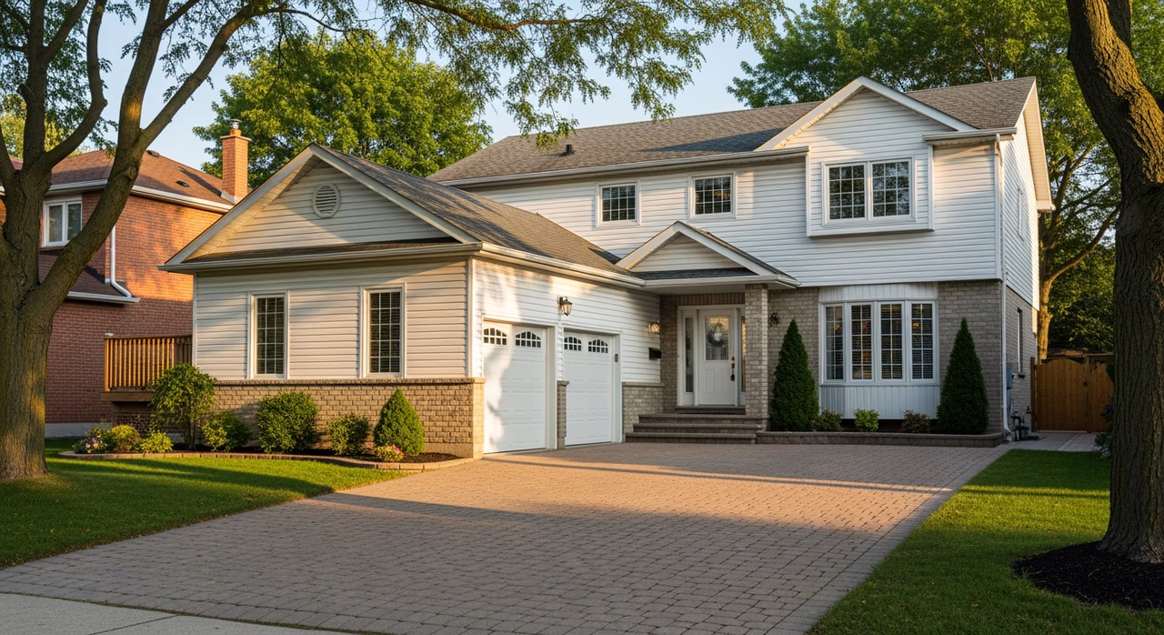 Toronto Etobicoke 1960s detached bungalow on Long Branch suburban street with mature 60-foot maple and oak trees at golden hour where annual full-property pressure wash on aluminum siding plus driveway plus walkways commonly runs $480-$780 in spring after pollen drop