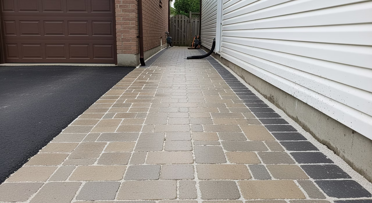 Completed Toronto front-entry concrete driveway and walkway after pressure wash showing brilliant clean concrete surface restored from previous oil-stain and algae grime, surface-cleaner attachment pattern visible, polymeric-sand re-jointing complete in adjacent paver section