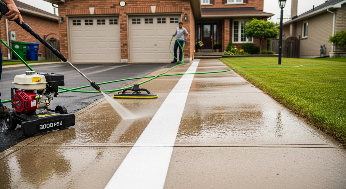 Close-up of professional pressure washing services work delivered in Ajax