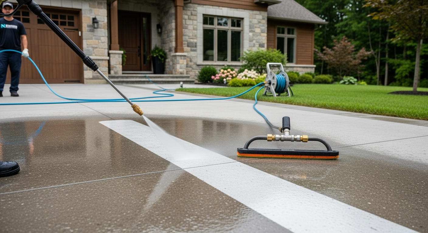 Close-up of professional pressure washing services work delivered in Caledon