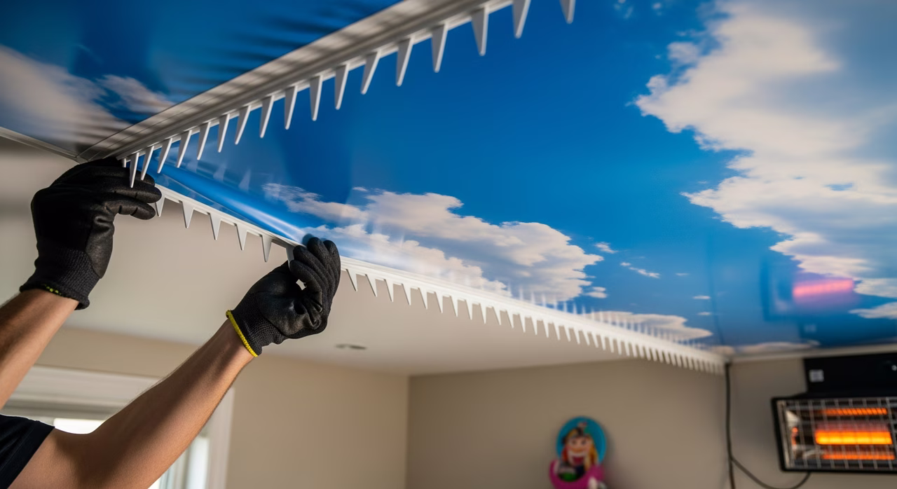 Toronto printed-stretch-ceiling installer handling custom UV-cured eco-solvent printed PVC stretch ceiling membrane during install, underside-printed cloud-sky photographic image (sky blue with soft cumulus clouds at 1440 DPI premium resolution) visible from below as membrane is heat-stretched at 60-80 Celsius into perimeter PVC harpoon-clip track of kids' bedroom