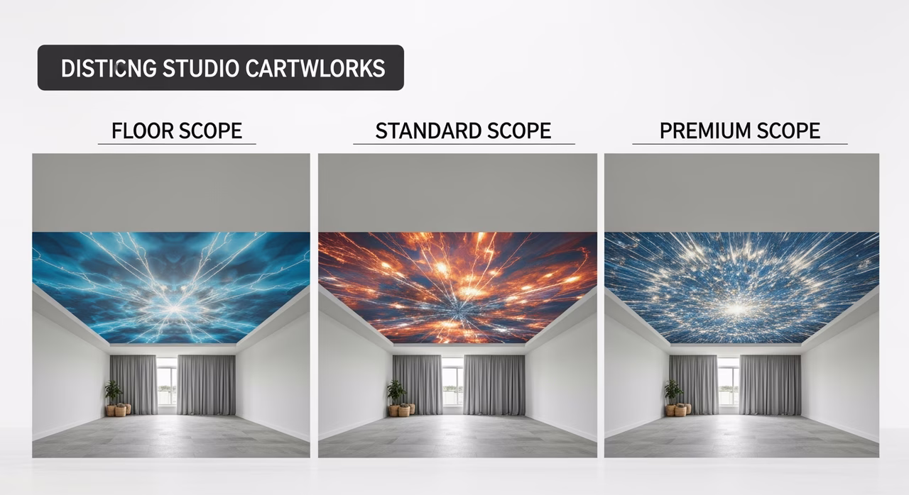 Three Toronto printed-stretch-ceiling artwork-source tiers compared: floor scope (single-zone printed PVC stretch in 720-DPI standard resolution, RenoHouse stock-library design like cloud sky or simple galaxy or basic cherry blossom, matte or satin finish, no design fee) at $12-$14/sqft, standard scope (printed PVC in 1440-DPI premium resolution, customer-supplied artwork at min 300 DPI full-size or RenoHouse stock Renaissance fresco or detailed galaxy or custom world map photographic, anti-microbial silver-ion coating for kitchen or bath at +$1.50/sqft) at $18-$24 mid, premium scope (1440-DPI photographic with custom commissioned design at $400-$1,500 one-time fee, multi-panel seam-matched continuous imagery over 6-metre spans, optional combination with LED backlit translucent or fiber-optic star-sky overlay) at $28-$35 -- labelled with anti-fade UV ink 7-10 year rating