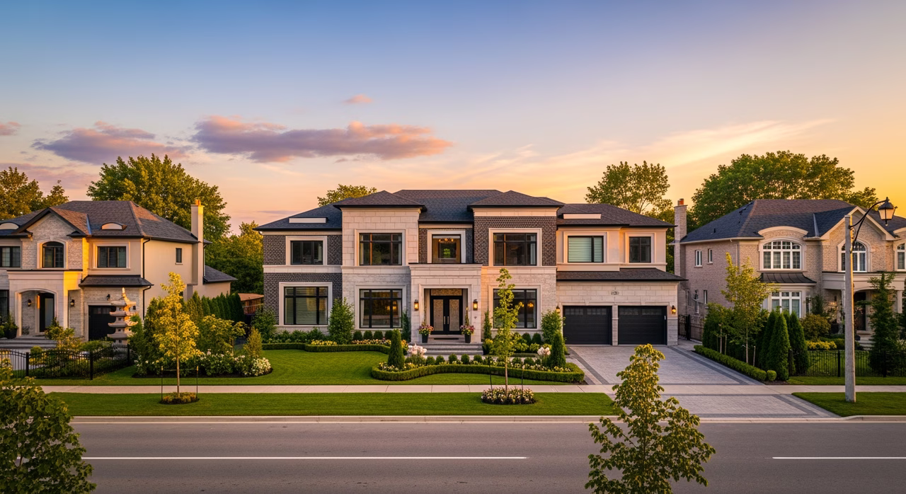 Toronto Richmond Hill 2020s detached luxury home at golden hour with manicured landscaping on prestigious suburban street with Russian-Canadian and East-Asian neighbours visible in surrounding houses where premium printed-stretch ceilings with Renaissance fresco custom commissioned design popular in Russian-Canadian premium installs run $28-$35 per sqft