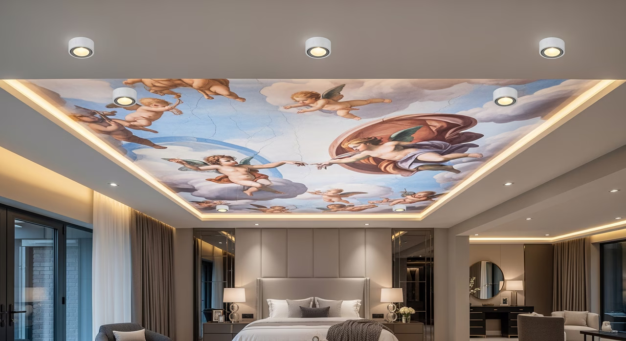 Completed Toronto luxury master-bedroom ceiling with custom Renaissance-style fresco printed onto translucent PVC stretch ceiling membrane at 1440 DPI premium resolution (Sistine-Chapel-style cherubs and clouds in soft pastel colours), backlit with warm 3000K LED tape mounted in cavity for daytime visibility, integrated 4 IC-rated Halo HLB6 4-inch LED recessed pot lights with thermo-resistant Barrisol Fire Ring collars