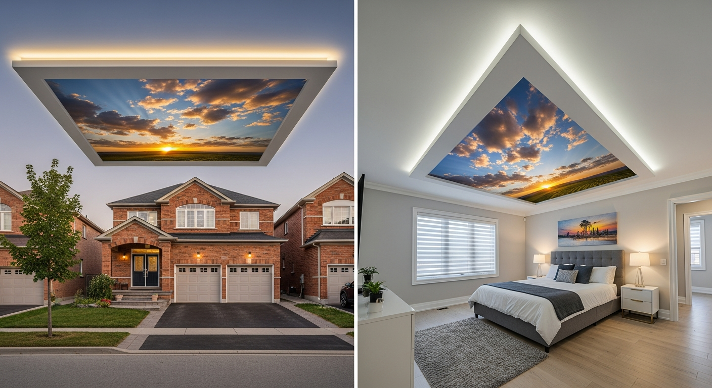 Close-up of professional printed stretch ceiling work delivered in Ajax