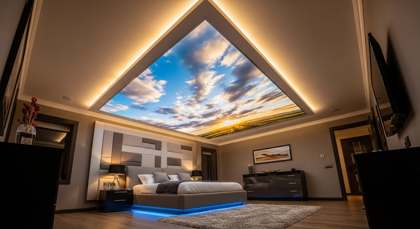 Completed printed stretch ceiling work showcasing finishing details in Aurora