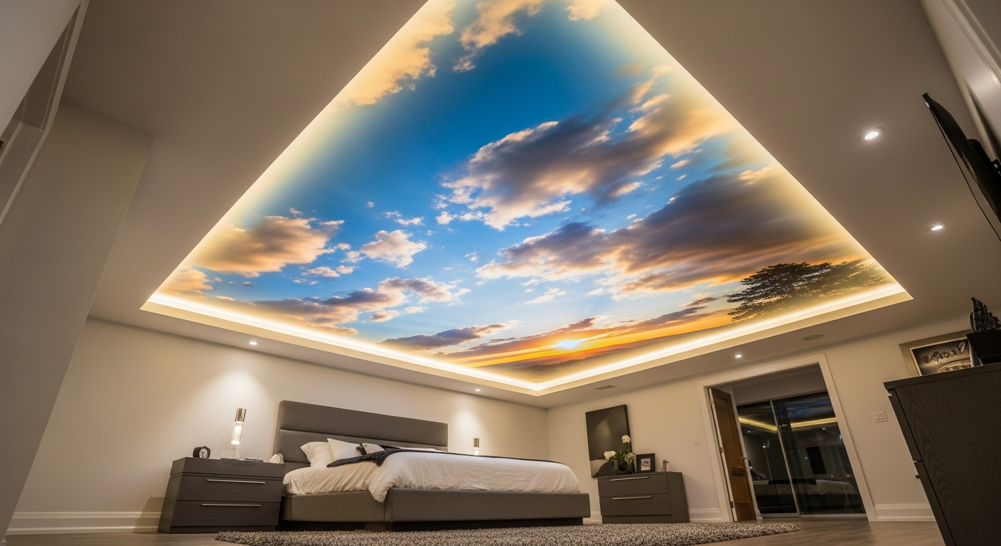 Brock printed stretch ceiling portfolio sample — finished by licensed RenoHouse crew
