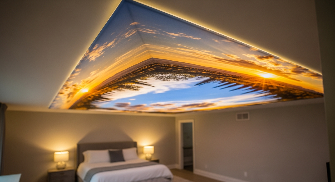 On-site printed stretch ceiling install detail at a Burlington property