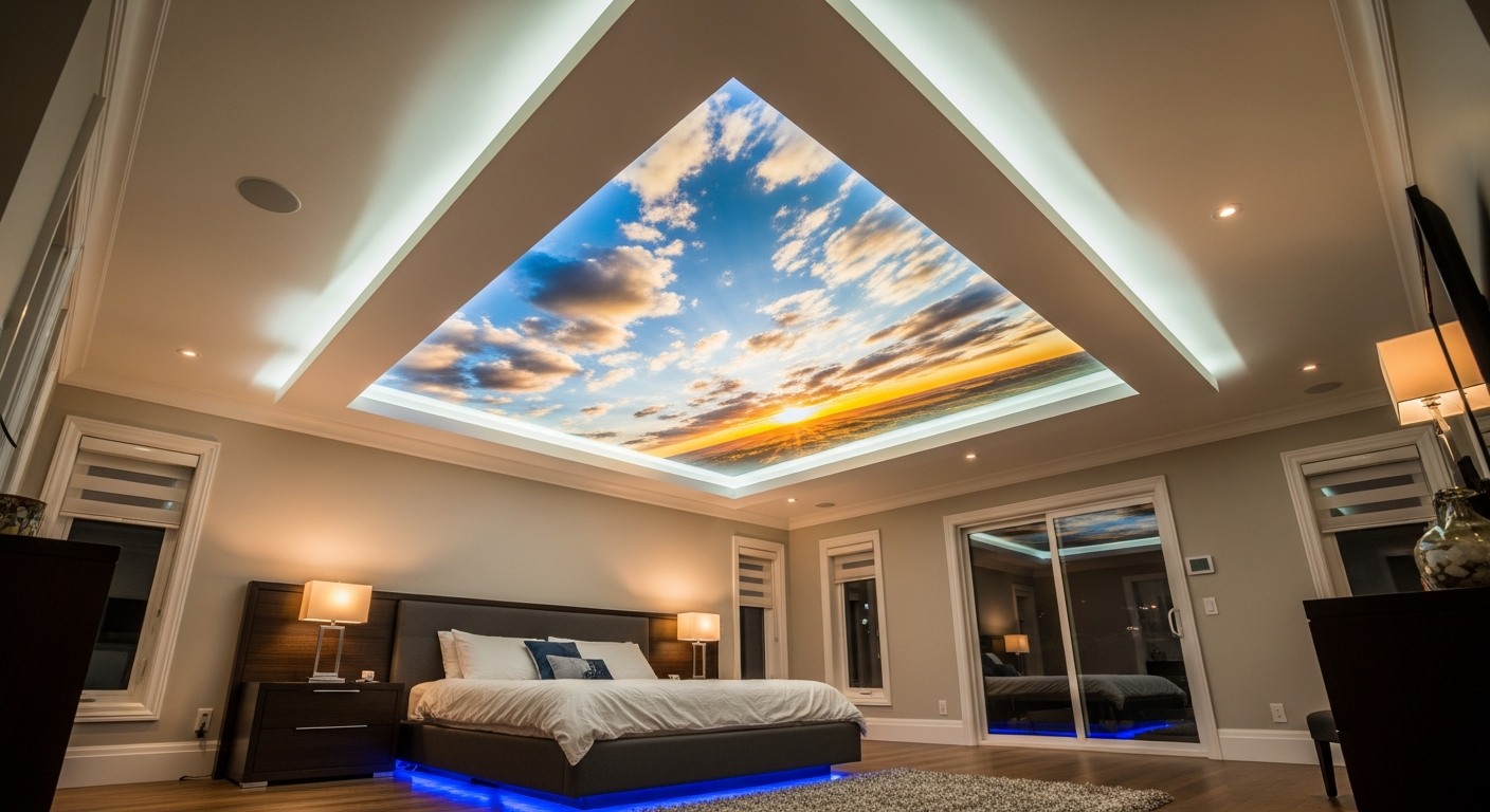 Completed printed stretch ceiling work showcasing finishing details in Caledon