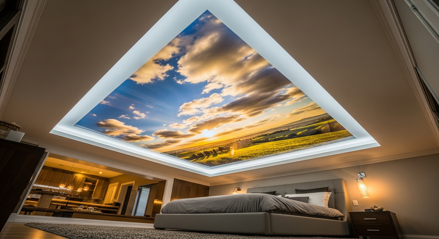 Clarington printed stretch ceiling portfolio sample — finished by licensed RenoHouse crew
