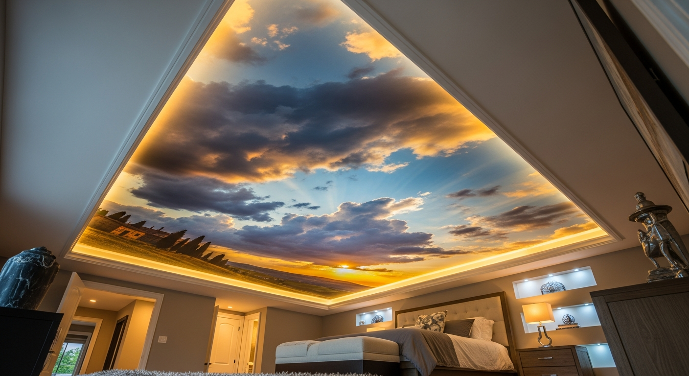 Completed printed stretch ceiling work showcasing finishing details in East Gwillimbury