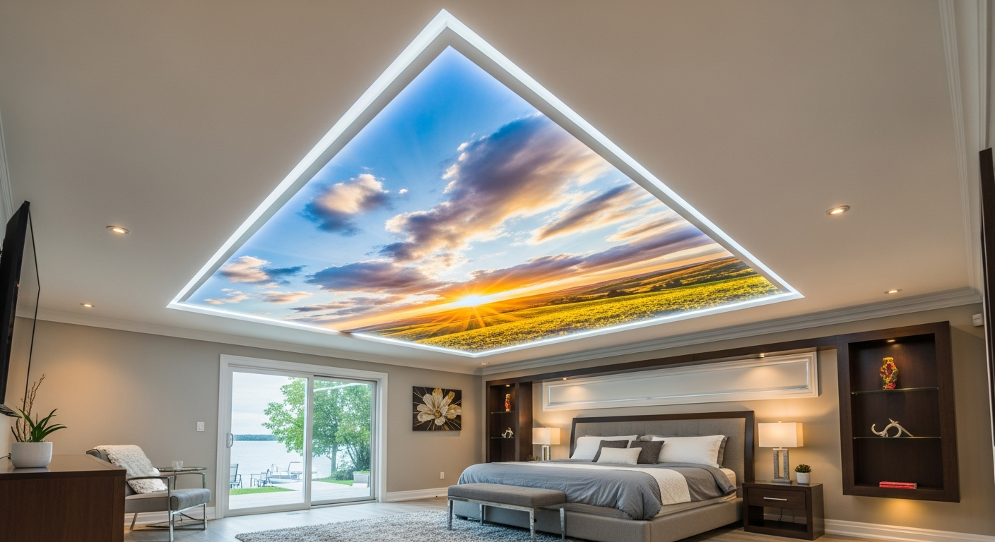 Editorial detail of a Georgina printed stretch ceiling install — visible quality finish