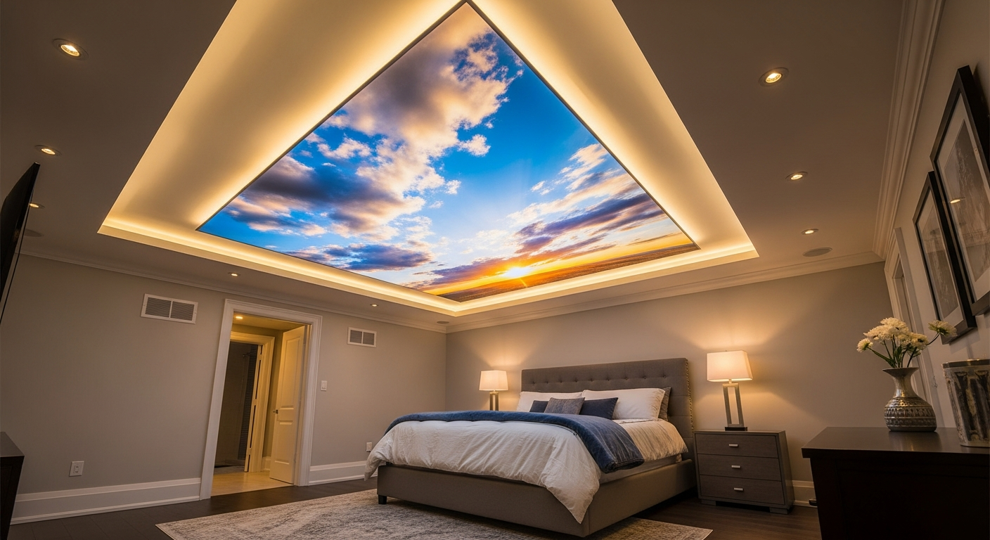 Close-up of professional printed stretch ceiling work delivered in Newmarket