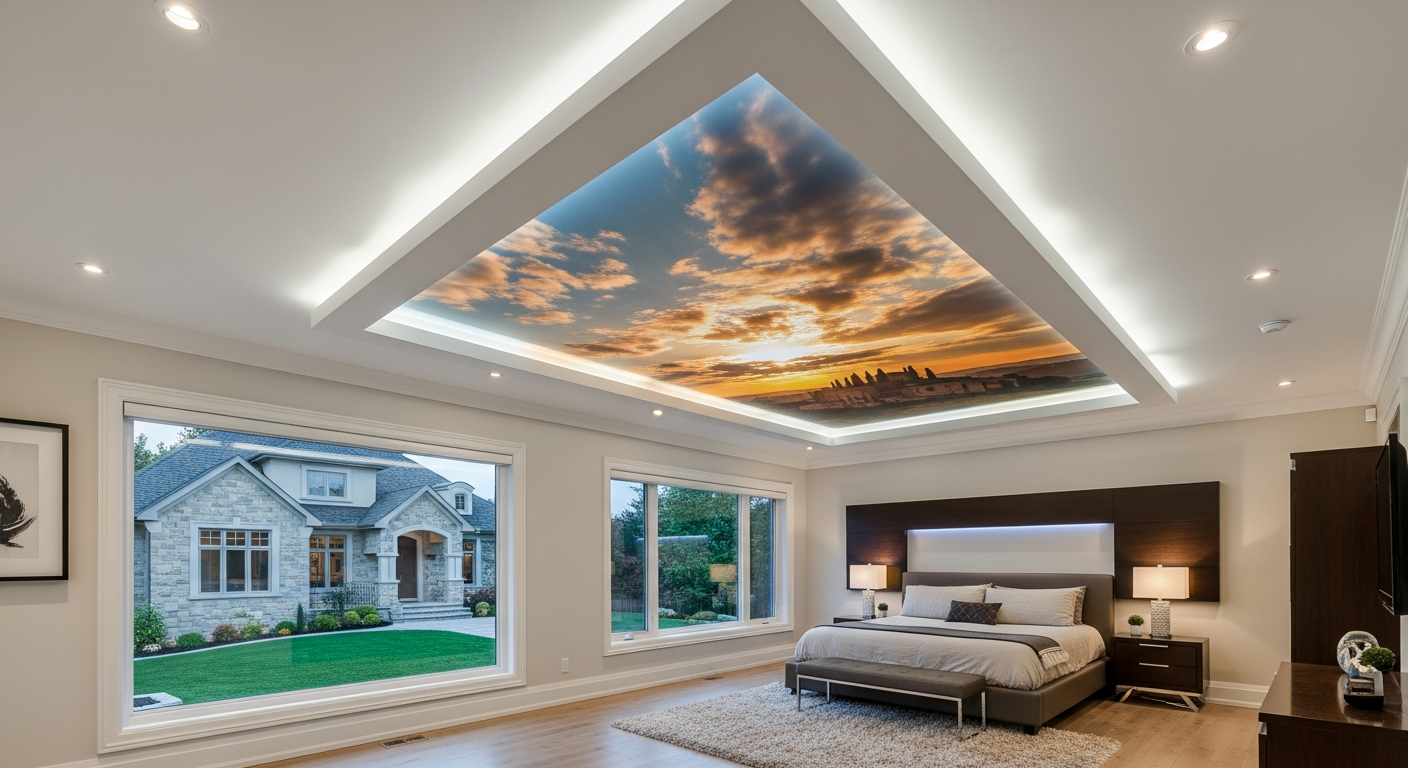 Recent Oakville-area printed stretch ceiling project — professional finish detail
