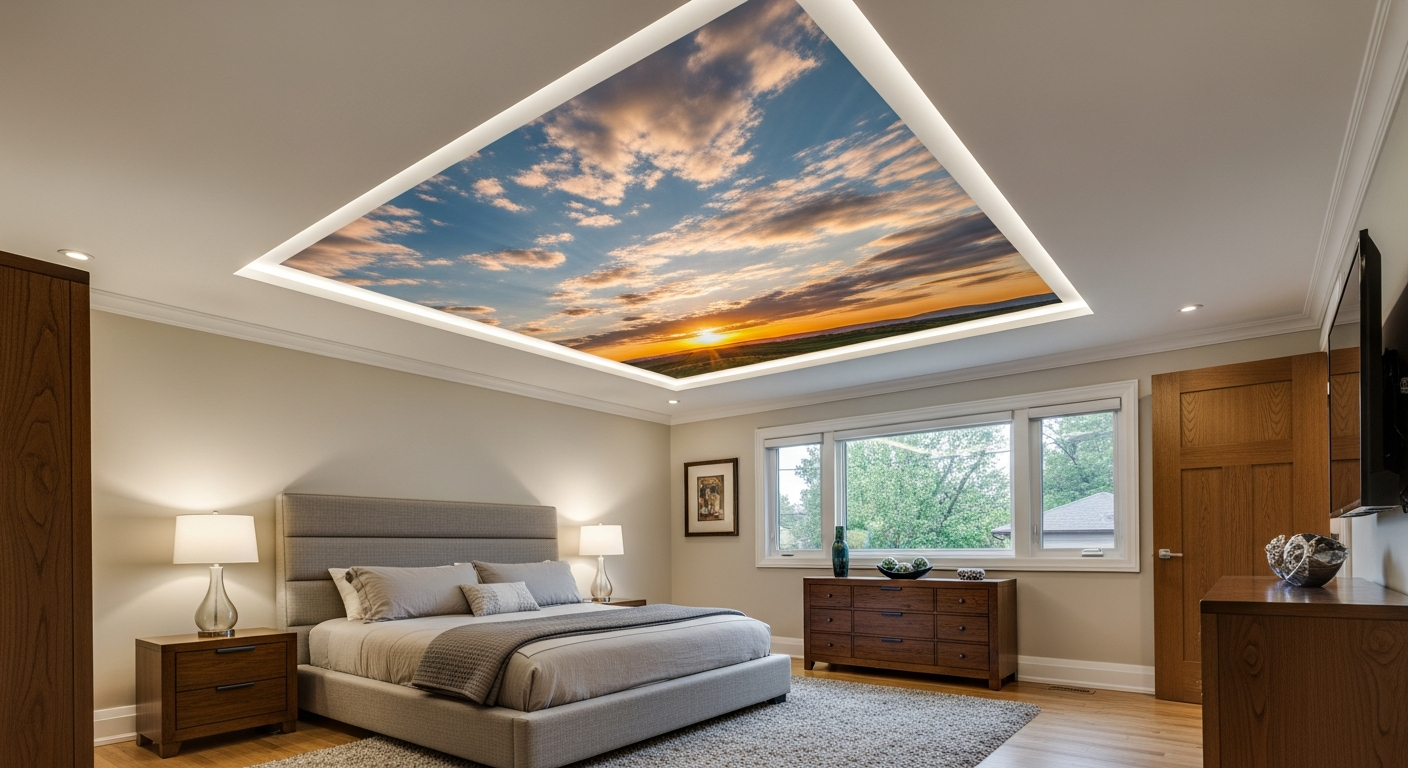Professional printed stretch ceiling project completed by RenoHouse in Oshawa — quality workmanship guaranteed