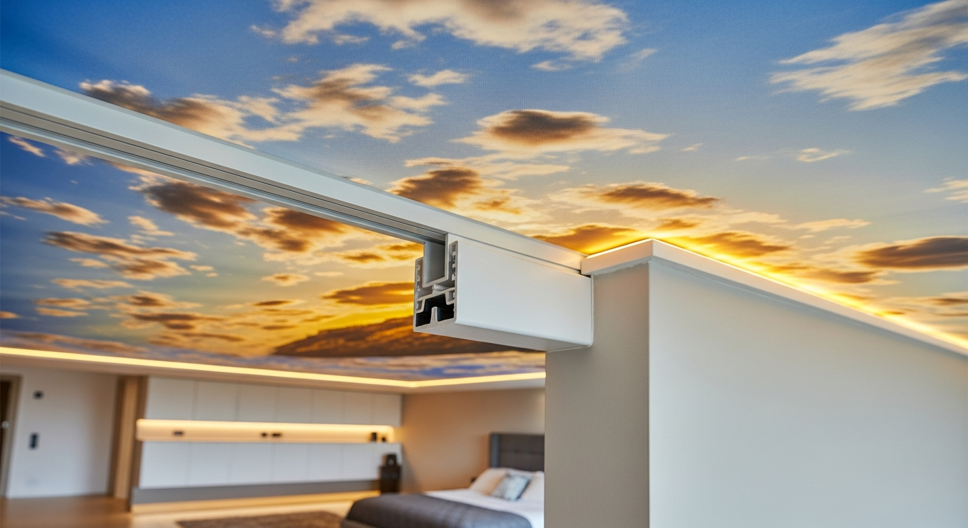Close-up of professional printed stretch ceiling work delivered in Pickering