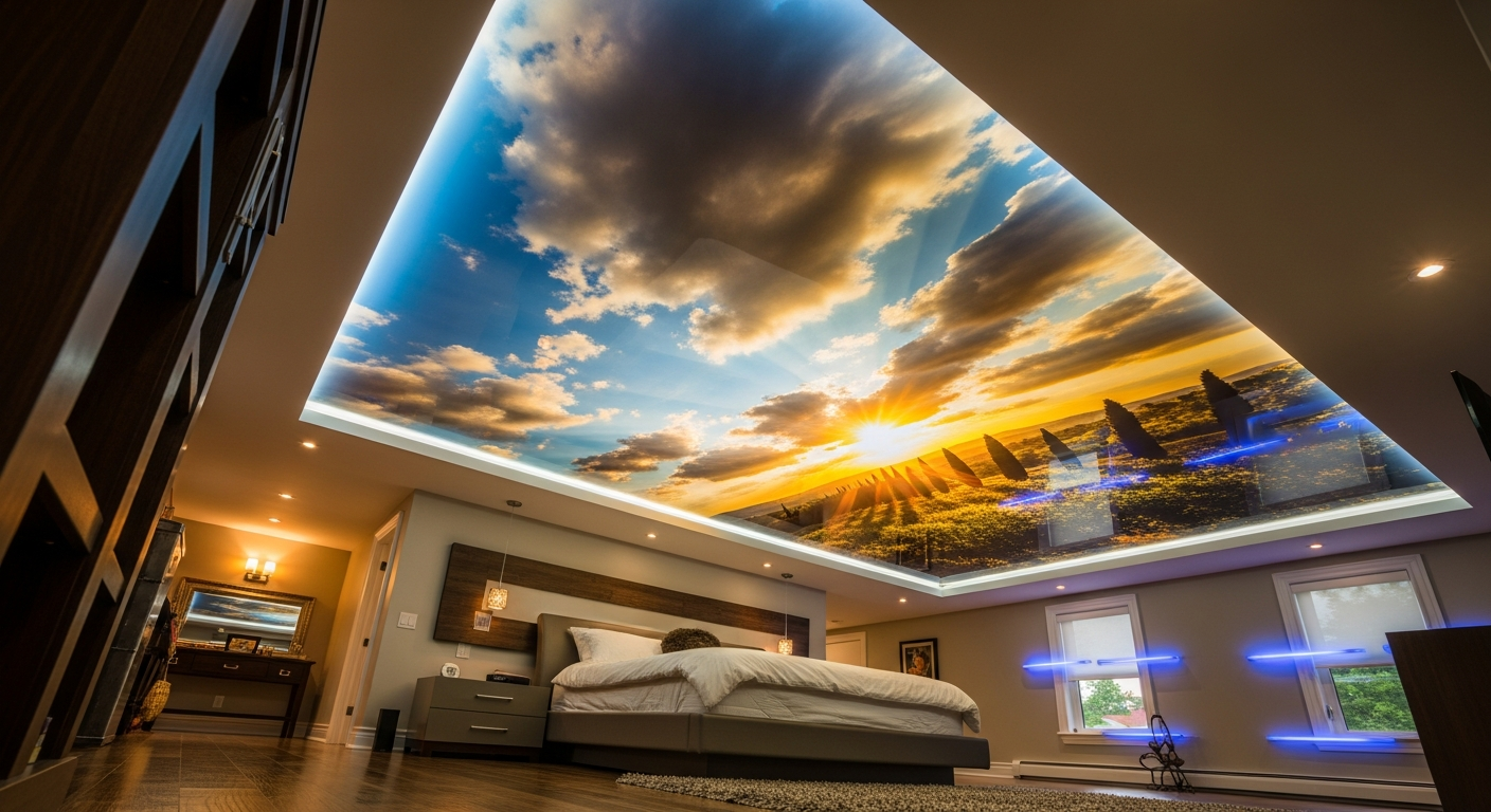 Detail view of a printed stretch ceiling job finished in Scugog — expert craftsmanship