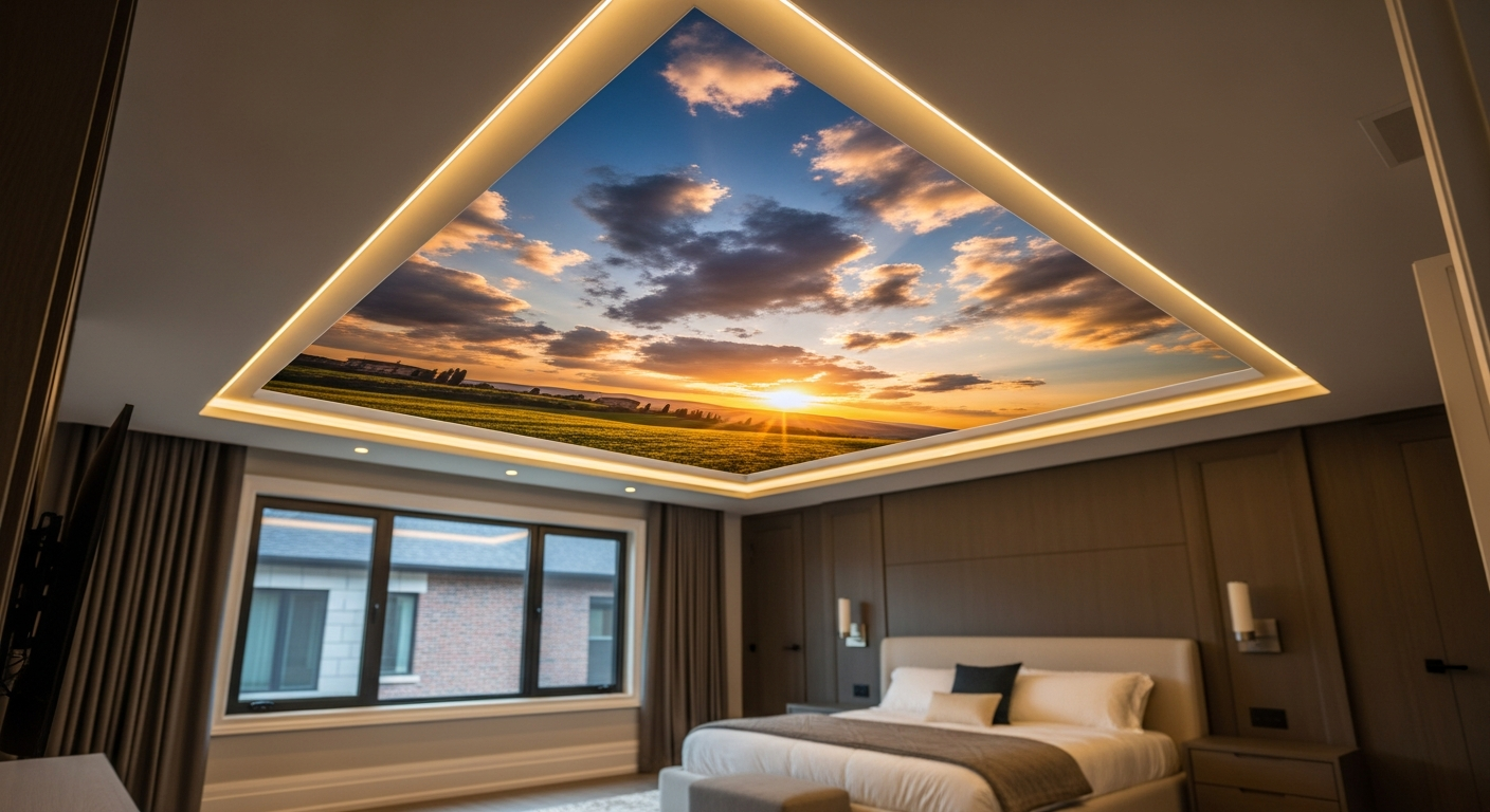 Stouffville printed stretch ceiling portfolio sample — finished by licensed RenoHouse crew