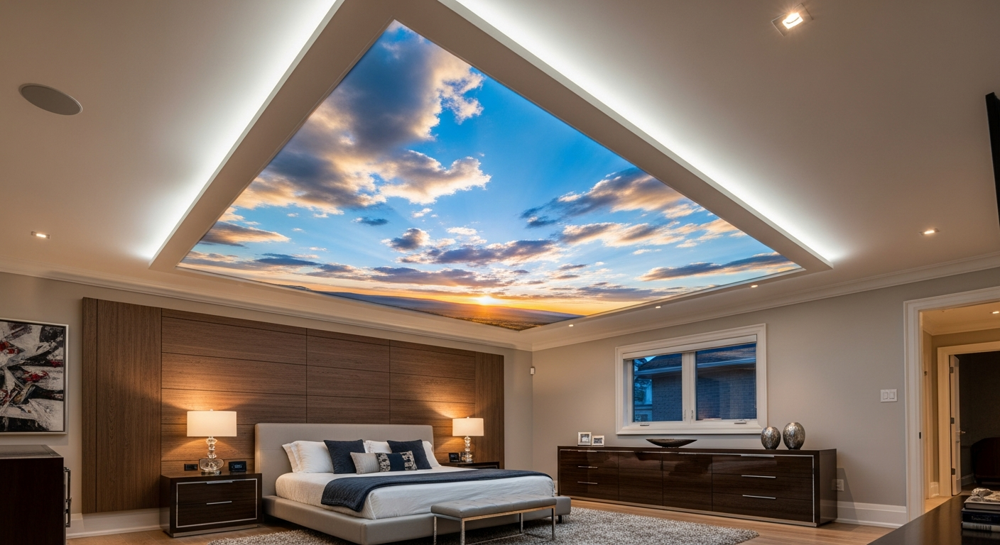Printed Stretch Ceiling portfolio close-up from a Uxbridge renovation by RenoHouse