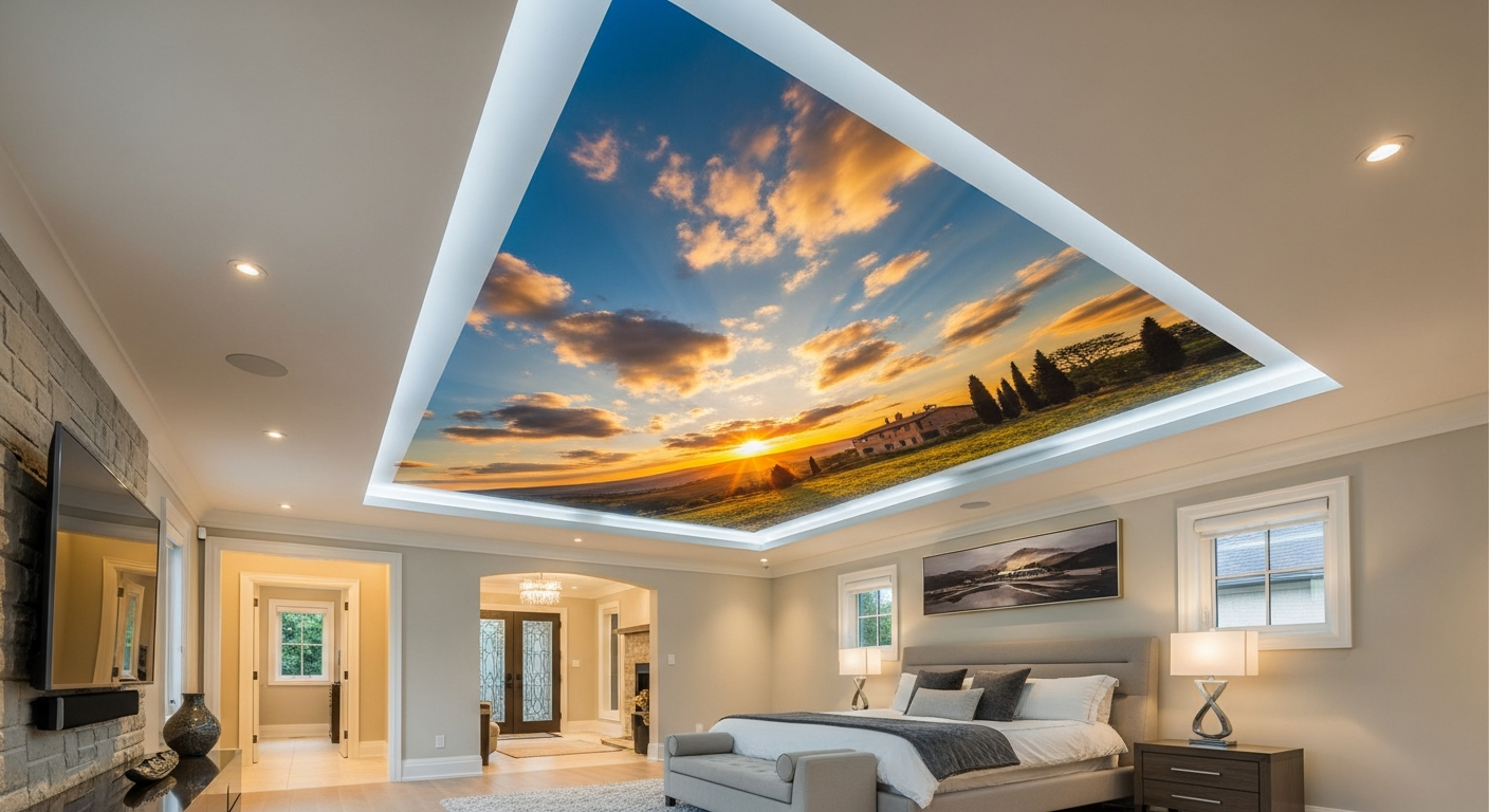 Printed Stretch Ceiling portfolio close-up from a Vaughan renovation by RenoHouse