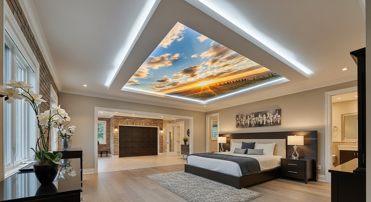 Professional printed stretch ceiling project completed by RenoHouse in Whitby — quality workmanship guaranteed