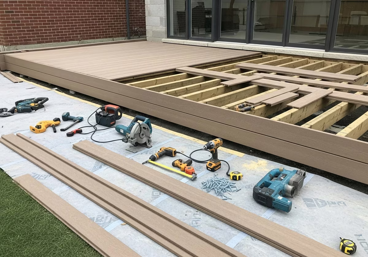 Tools and materials staged for PVC deck installation project