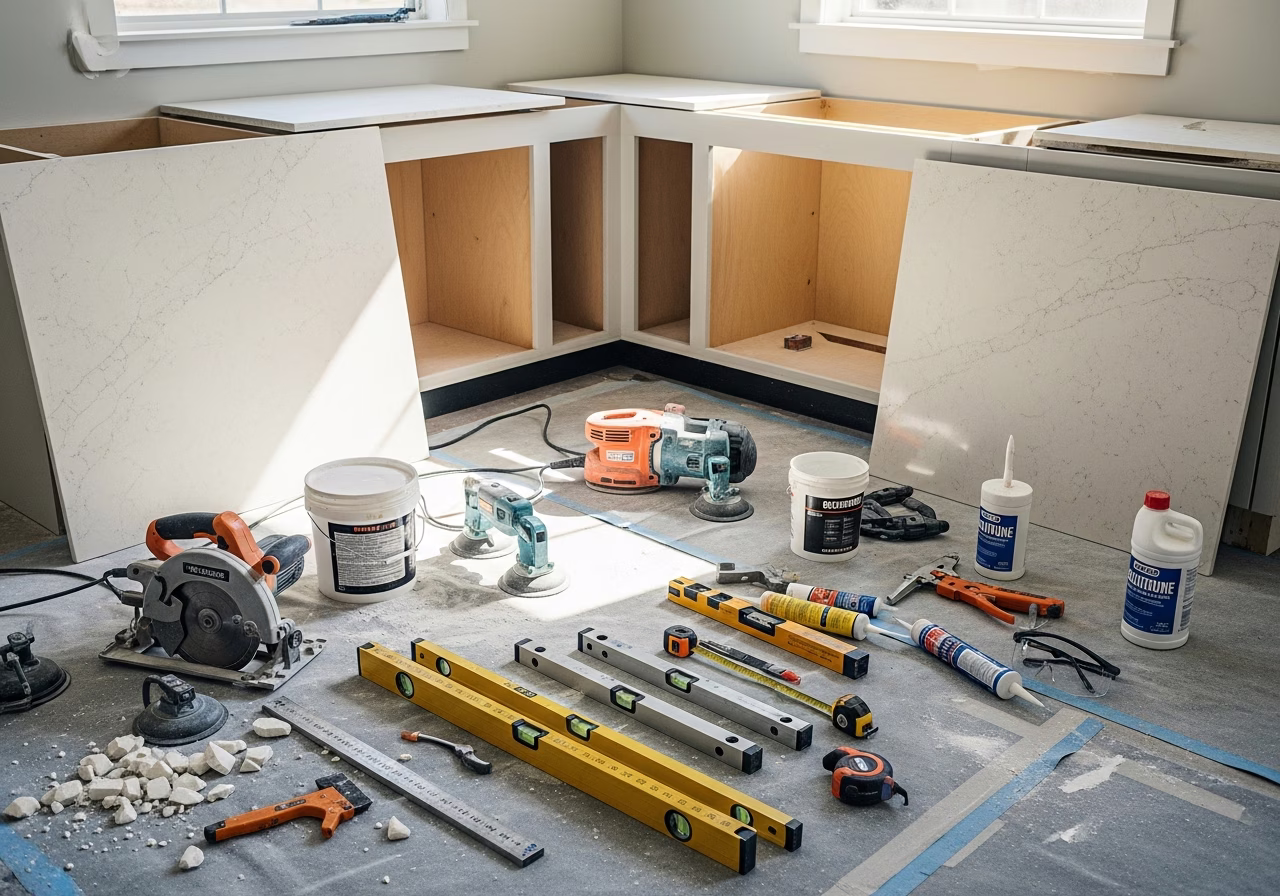 Tools and materials staged for quartz countertop installation in Toronto