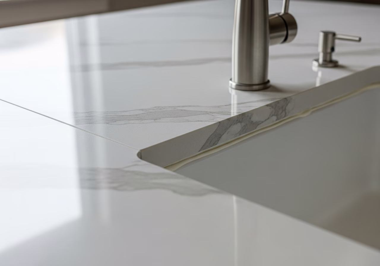 Finished detail close-up for quartz countertop installation in Toronto