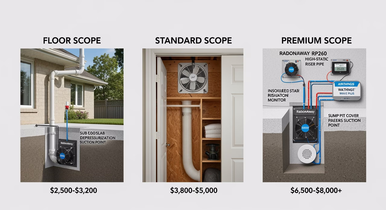 Three Toronto radon mitigation scope tiers compared: floor sub-slab depressurization with single suction point and RadonAway RP145 fan exterior wall discharge above eaves at $2,500-$3,200, standard C-NRPP Certified Radon Professional pre-purchase test with Fantech HP190 attic-mounted fan and 91-day verification at $3,800-$5,000, premium complex multi-zone with multi-point suction and RadonAway RP260 with Airthings Wave Plus continuous monitor at $6,500-$8,000+