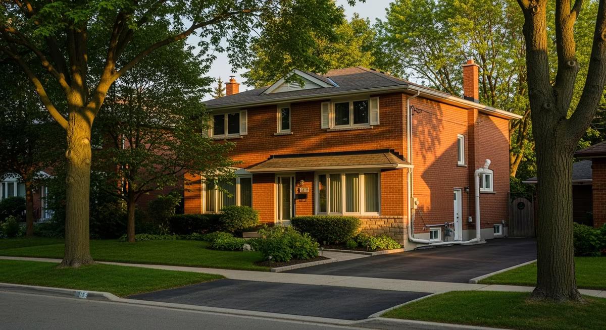 Toronto Brampton 1970s detached two-storey home red-brick facade on family street at golden hour where Health Canada Cross-Canada Survey identified higher radon risk in 1960s-70s poured-concrete-slab-on-bedrock GTA stock and typical C-NRPP-certified sub-slab depressurization mitigation commonly runs $3,800-$5,000 with 91-day verification below 100 Bq per m3 per WHO recommendation