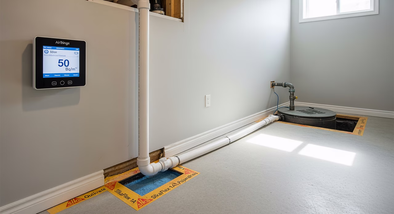 Completed Toronto Brampton basement after radon mitigation showing newly-installed 4-inch white PVC riser running cleanly floor to ceiling chase, Airthings Wave Plus continuous monitor mounted on wall displaying stable under 50 Bq per m3 reading, suction-point slab patch with Quikrete Hydraulic Water-Stop and Sika SikaFlex 1A perimeter bead and sump pit cover with integrated passive vent