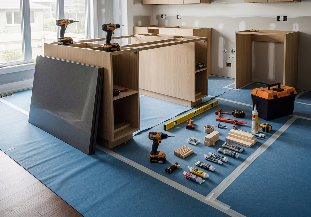 Kitchen Island Installation tools and materials staged in Toronto home