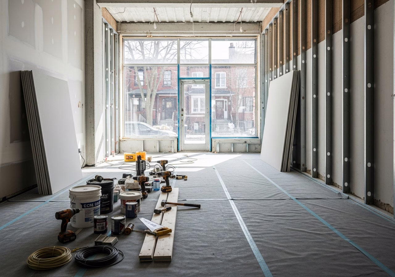 Retail Store Buildout in progress: tools, materials, and protective floor covering staged for a Toronto home renovation