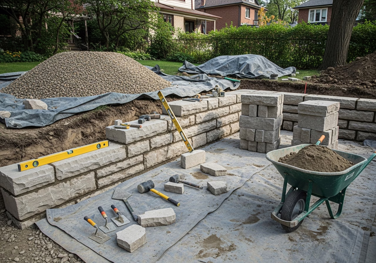 Retaining Wall Installation in progress: tools, materials, and protective floor covering staged for a Toronto exterior work