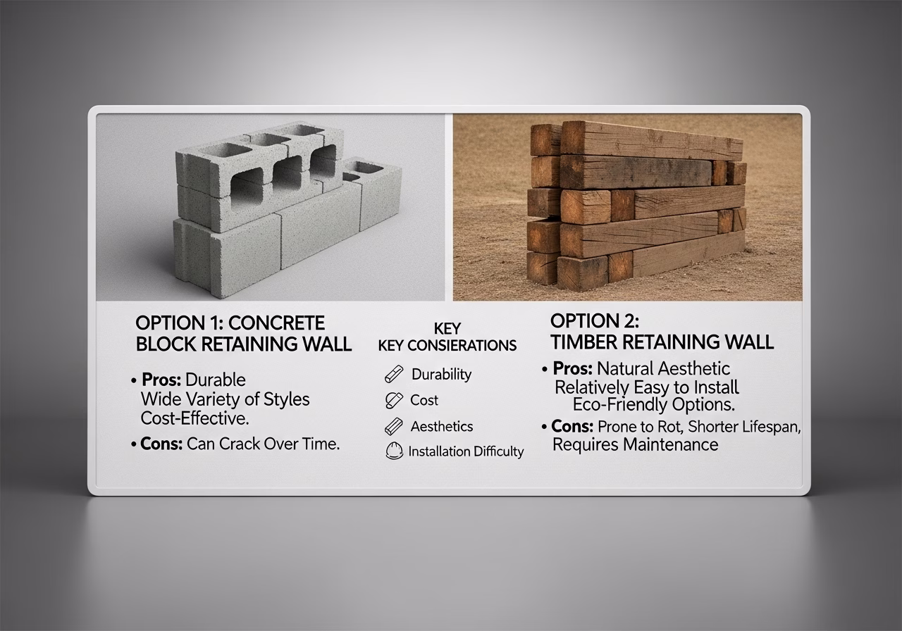 Side-by-side product and material comparison for retaining wall installation — typical brands and finishes used in Toronto ex