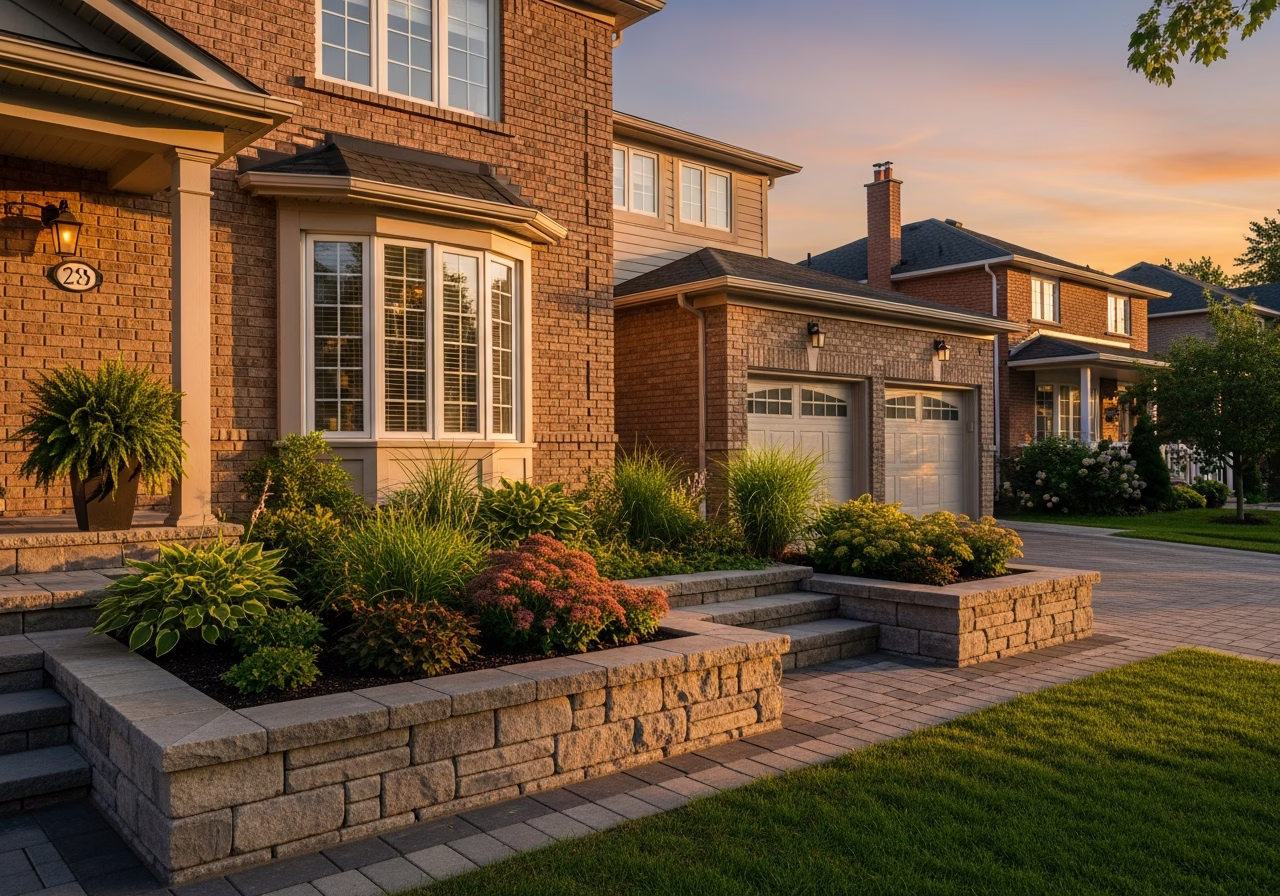 Finished retaining wall installation result in a Toronto/GTA home, photographed in natural light