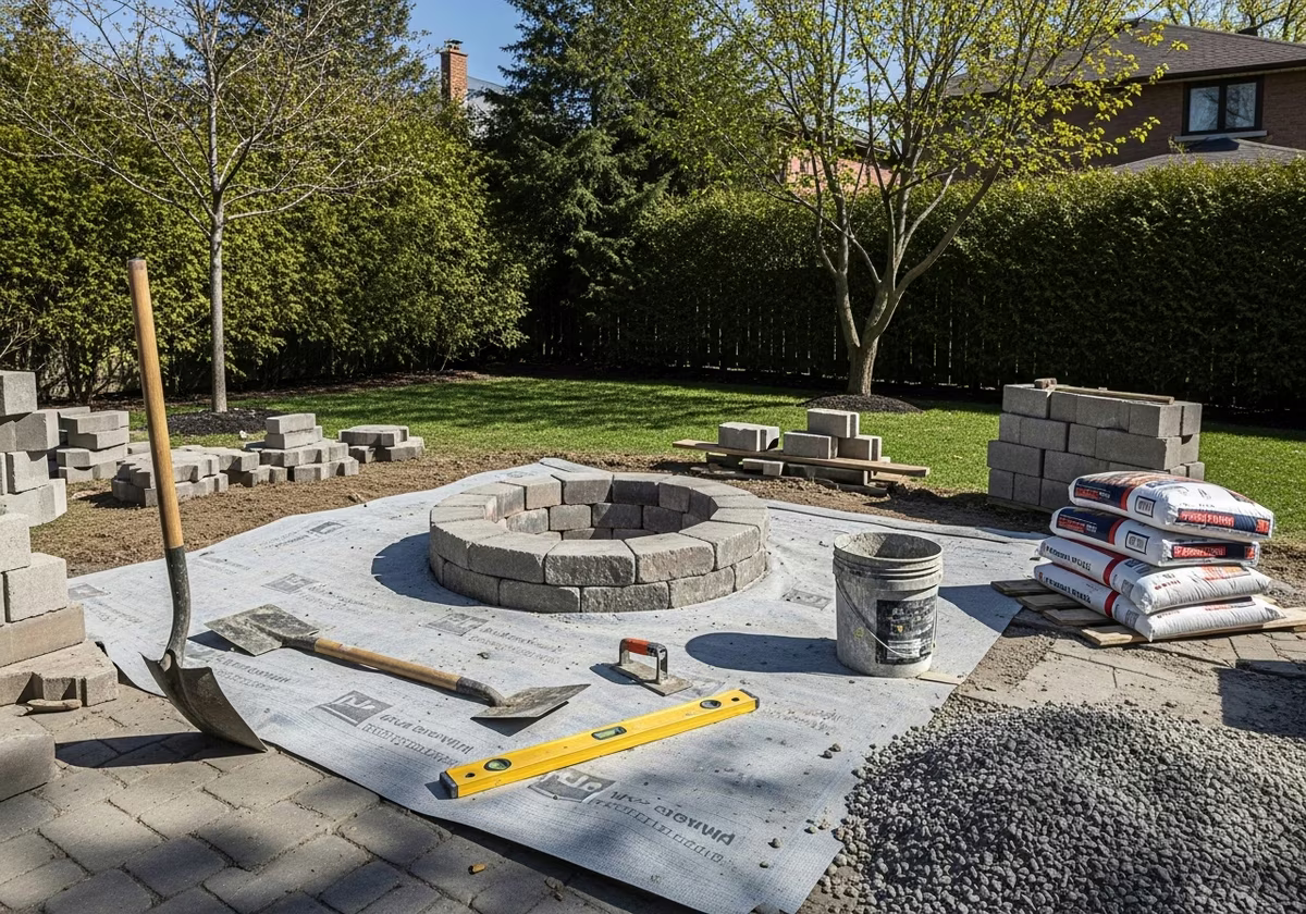 Fire Pit Installation tools and materials staged in Toronto home