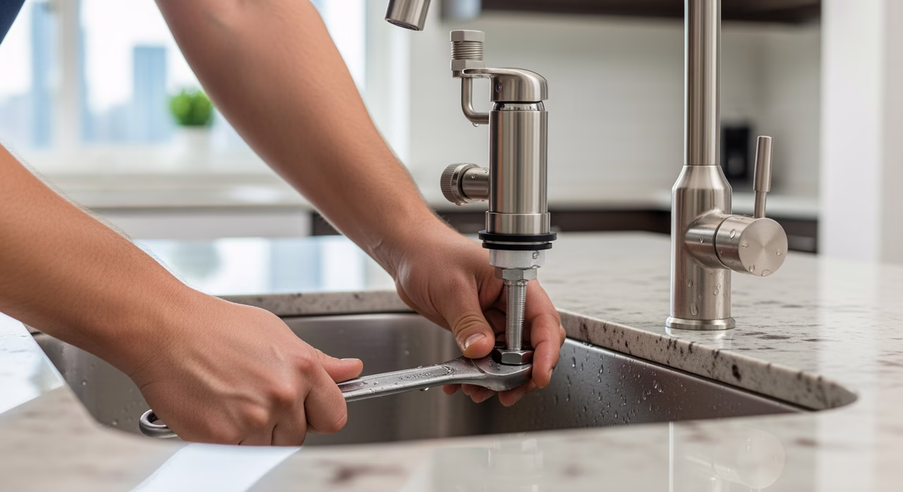 Licensed 306A plumber installing under-sink reverse osmosis system in Toronto kitchen cabinet