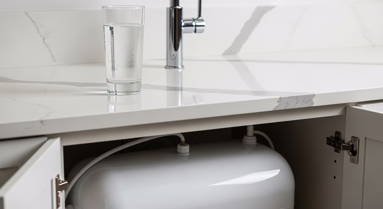 Close-up of brushed nickel RO drinking water faucet and TDS meter showing reduced ppm reading