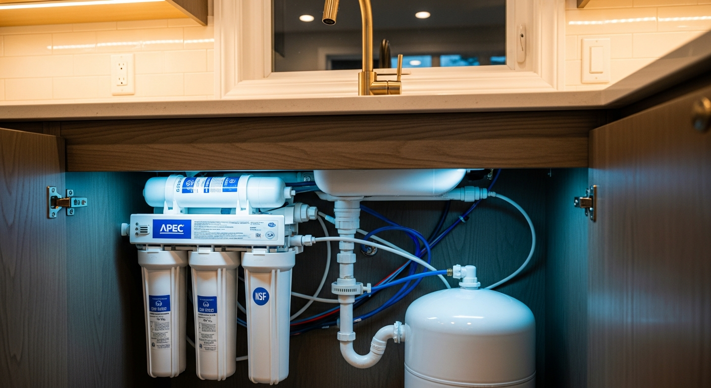Editorial detail of a Caledon reverse osmosis drinking water install — visible quality finish