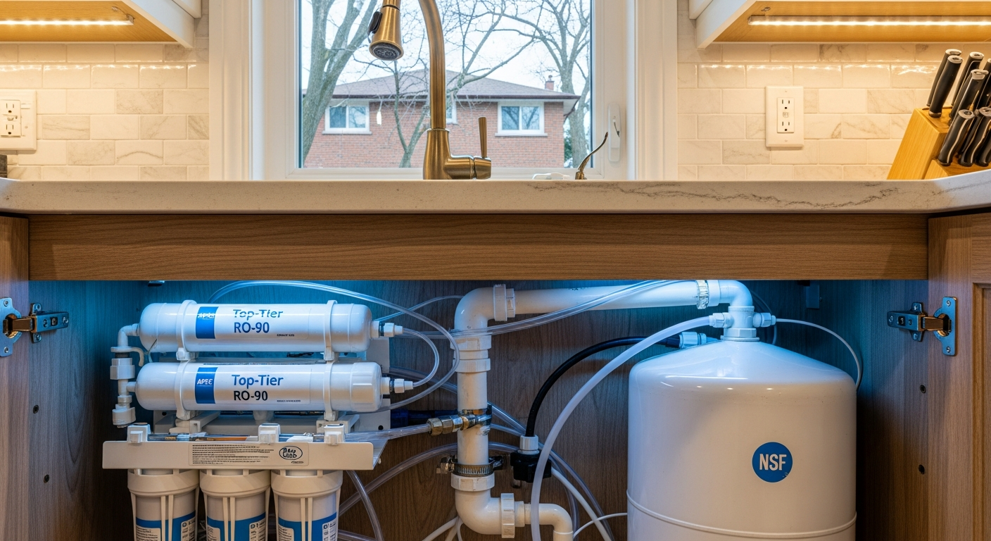Editorial detail of a Pickering reverse osmosis drinking water install — visible quality finish