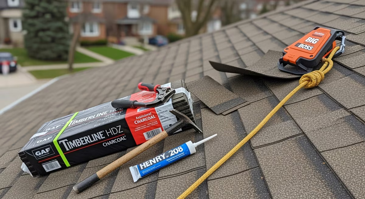 Toronto roof-repair technician on 8:12 slope replacing GAF Timberline HDZ asphalt shingle with new matching shingle, IKO StormtitePro ice-and-water shield underlayment visible at eave per OBC 9.26.13.4, 4 hot-dipped galvanized roofing nails per shingle in high-wind spec, fall-protection harness visible attached to anchor point