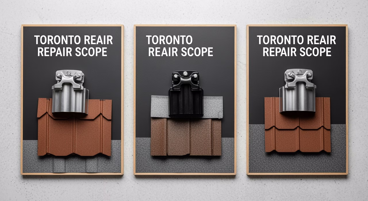 Three Toronto roof-repair tiers compared: minor scope single shingle replacement or pipe-flashing reseal at $280-$680, standard scope 6-15 shingle replacement plus chimney flashing partial rebuild at $820-$2,200, major scope full chimney flashing rebuild plus eave ice-shield retrofit per OBC 9.26.13.4 plus full valley re-shingle at $2,400-$4,800